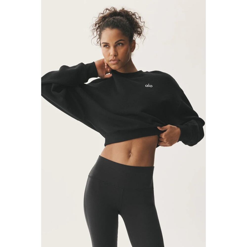 NWT Alo Cropped Accolade Crewneck Sweatshirt Black Loungewear Athleisure Sz XS
